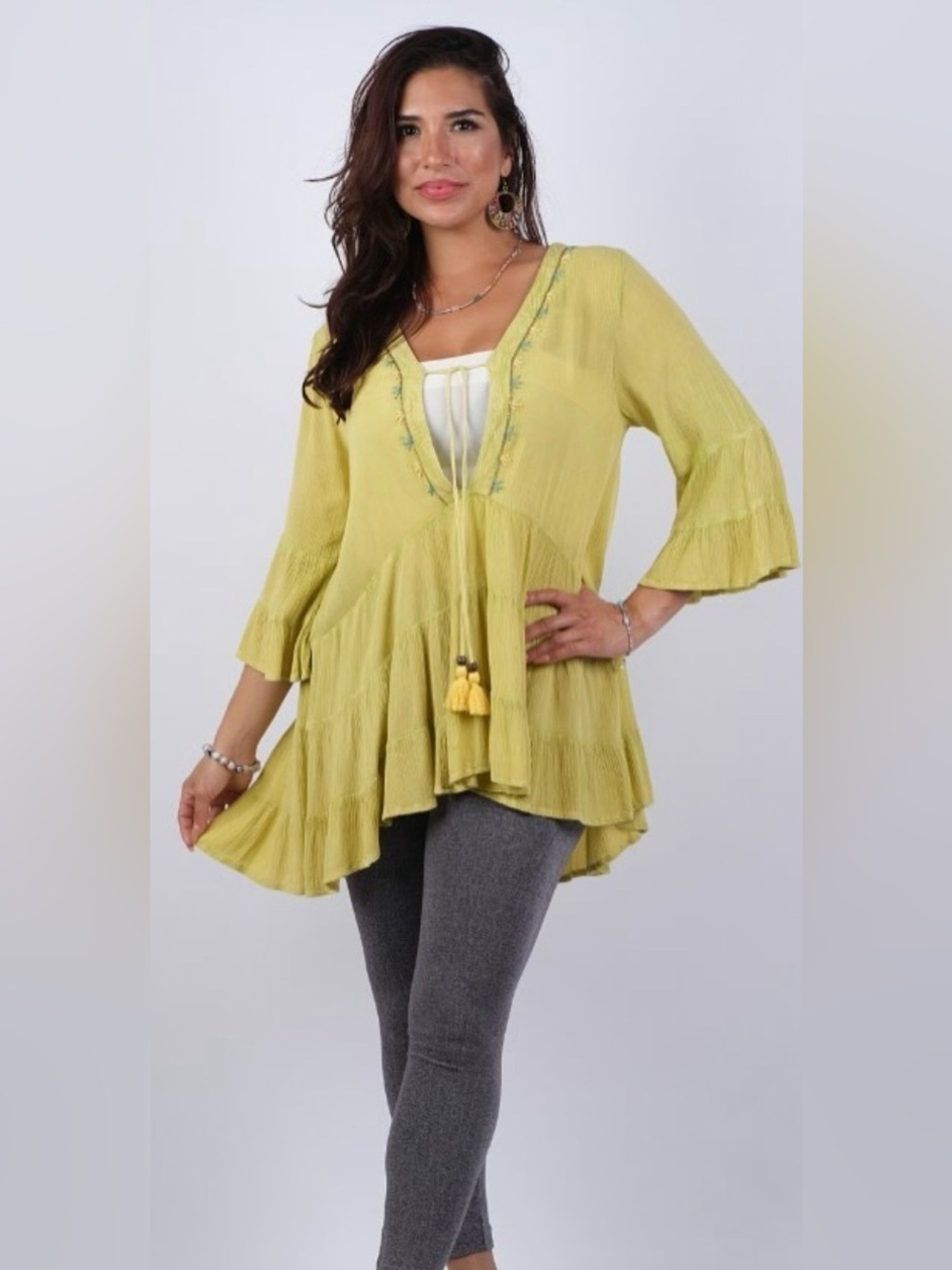 Sacred Threads Yellow Tiered Peasant Tunic with Tassel Detail. LG/GR/GR01.